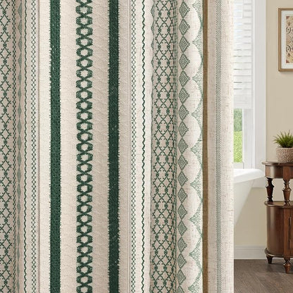 Dark Green Boho Shower Curtain for Bathroom, Linen Striped Print and Twine-Inspired Woven Center,72" W x 72" L