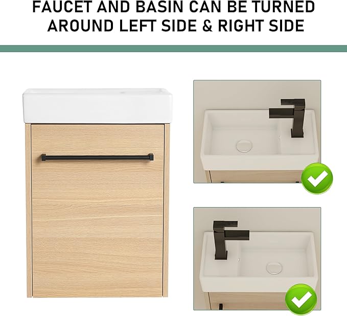 16" Bathroom Vanity with Sink, 16 Inch Floating Bathroom Vanity for Small Space, Single Sink Bathroom Vanity Combo, Modern Bathroom Vanity, Brown Wall Mounted Cabinet Set