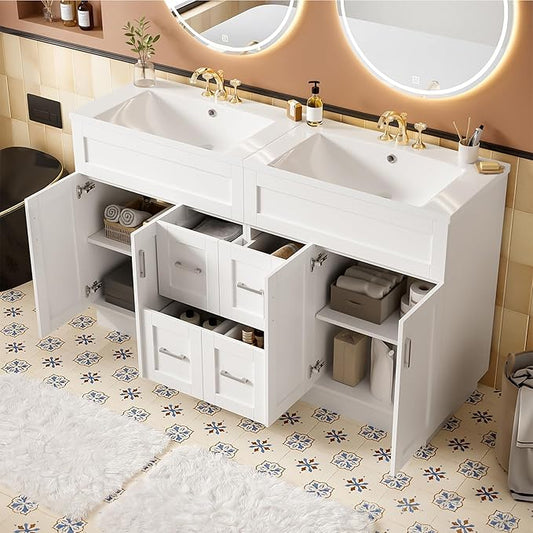 60" Bathroom Vanity Set with Double Sink, Harper & Bright Designs Vanity Cabinet with 4 Cabinet Doors, 4 Drawers, 2 Adjustable Shelves, Solid Wood Bathroom Cabinet with Resin Basin for Bathroom, White