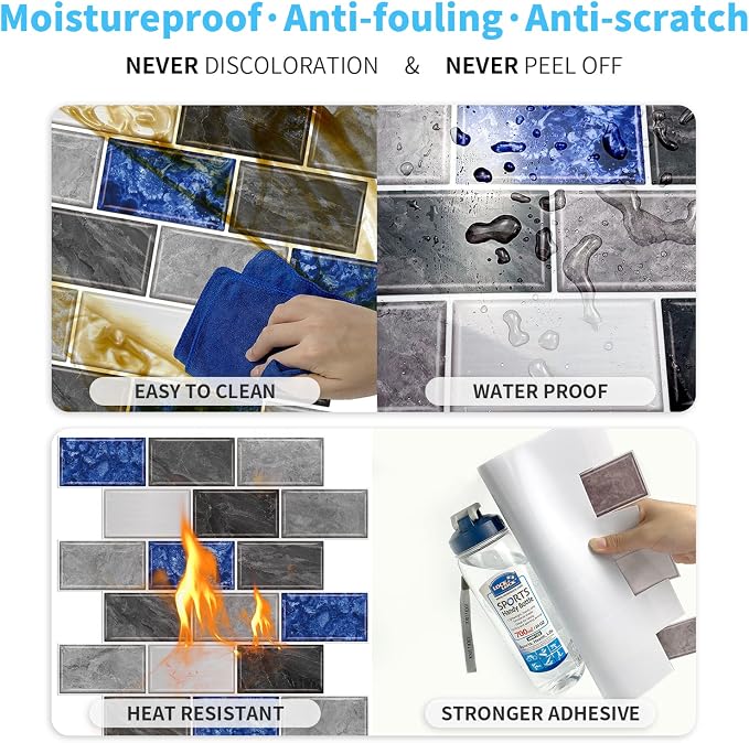 URCOLOR 10-Sheet Peel and Stick Backsplash Tiles Subway for Kitchen,12"x12" Self Adhesive Wall Tile Sticker on Back Splashes for Bathroom Grey Blue Marble Design