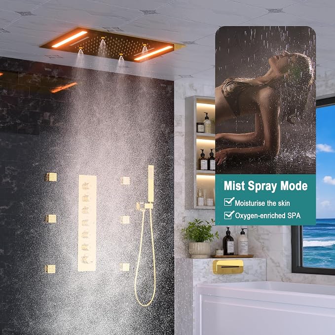HOMEDEC LED Thermostatic Shower System with 6 Body Jets, 14x20" Shower Head | 3 Spray Modes: Rainfall, Mist and Waterfall; Up/Down Shower Spout; Handheld Shower; 6-Way Solid Brass Valve; Gold Finish