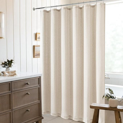 Beige Linen Shower Curtain for Bathroom Water Repellent 72x72 Inch | Neutral Shower Curtains Flax Textured Bath Decor Drapes Boho Farmhouse Rustic Shabby Chic Country Tan Beige with Hooks