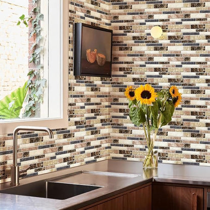10 Sheets Peel and Stick Backsplash, Peel and Stick Tiles, Marble Look Wall Tiles Backsplash for Kitchen and Bathroom, Livingroom, 12"x12", Brown