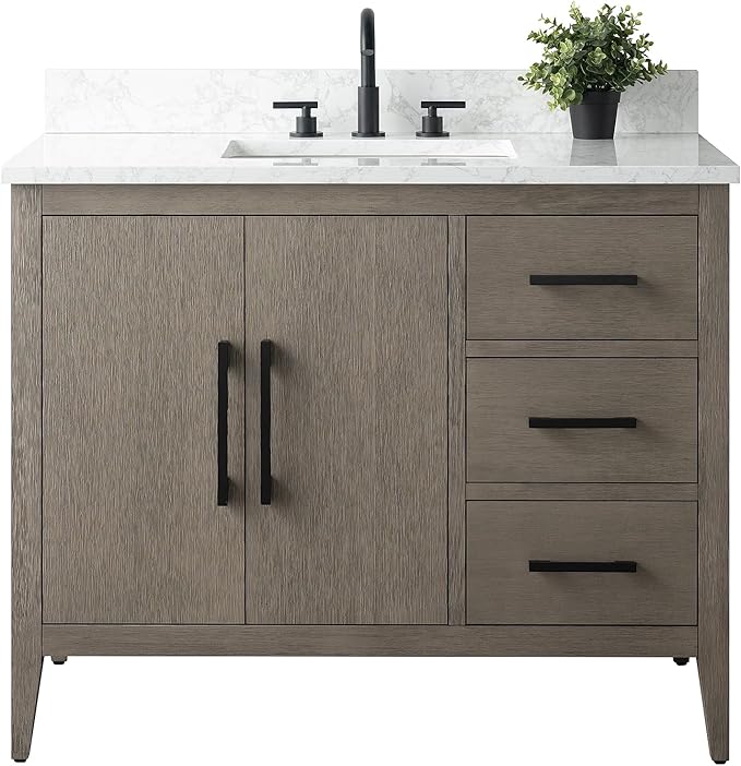 HomeBeyond 42 Inch Bathroom Vanity with Sink & Ceramic Top, Single Vanity Cabinet with Basin, Soft-Closing Door & Matts Black Hardware, Driftwood Gray