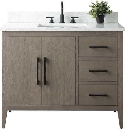 HomeBeyond 42 Inch Bathroom Vanity with Sink & Ceramic Top, Single Vanity Cabinet with Basin, Soft-Closing Door & Matts Black Hardware, Driftwood Gray