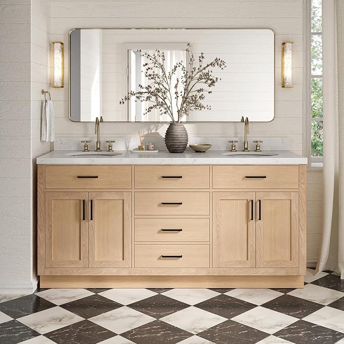 ARIEL Hepburn 72-inch Bathroom Vanity with Sink,Solid Wood, 1.5-inch Carrara White Quartz Countertop & Backsplash, Double Oval Porcelain Sink, 4 Soft Closing Doors, 6 Dovetail Drawers, White Oak