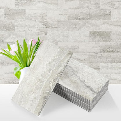 Vamos Tile 100-Piece Matt Beige Mixed Grey Slate Peel and Stick Backsplash Seamless Tile,3''x6'' PVC Subway Tile,Stick on Backsplash for Kitchen/Bathroom/Laundry Room