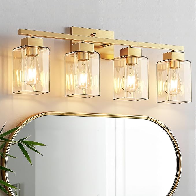 PARTPHONER 4-Light Bathroom Light Fixtures, Brushed Gold Modern Vanity Lights, Bathroom Lighting Fixtures Over Mirror, Square Design Farmhouse Wall Sconces with Clear Glass Shades