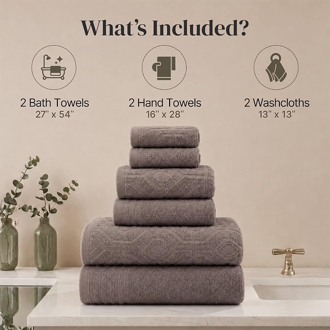 Modern Threads 6 Piece Cotton Bath Towel Set – Ultra Soft 550 GSM Towels – Bathroom Set with Hand Towels and Washcloths – Geometric (Classic Taupe)