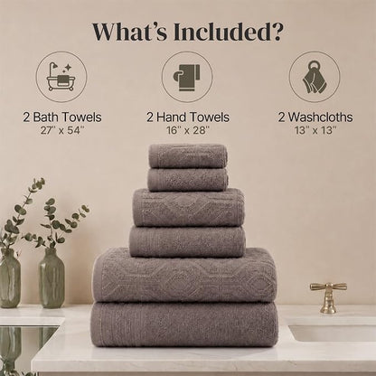 Modern Threads 6 Piece Cotton Bath Towel Set – Ultra Soft 550 GSM Towels – Bathroom Set with Hand Towels and Washcloths – Geometric (Classic Taupe)