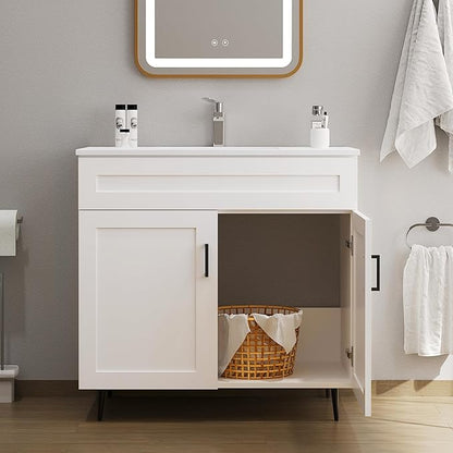36 Inch Bathroom Vanity with Sink, Modern Wooden Freestanding Bathroom Storage Cabinet with 2 Doors and 1 Drawer, Metal Legs, Painted Surface, White