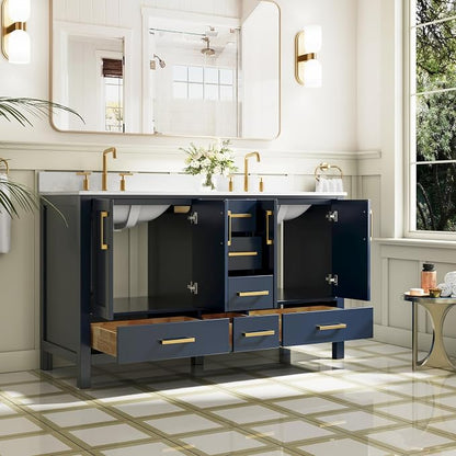 60-Inch Bathroom Vanity with Sink, Bathroom Freestanding Vanity W/ 4 Doors and 6 Drawers, Solid Wood Cabinet Vanity with Cultured Marble Countertop, Navy Blue Vanity& Brushed Gold Handles