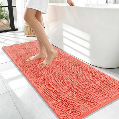 OLANLY Thick Bathroom Runner Rugs 47x17, Soft Chenille Bath Rugs, Coral | Absorbent Striped, Rubber Backing, Machine Wash, Long Bath Mats for Bathroom Floor, Tub and Shower, Home Decor Accessories
