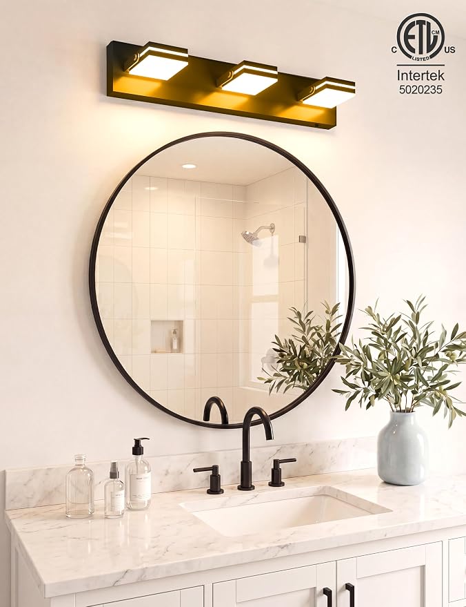 VOLISUN 3 Light Bathroom Vanity Light, 24 inch Dimmable Bathroom Light Fixtures Over Mirror, 5 Color Temperatures, 180°Rotatable Head, Black LED Vanity Lights for Bathrooms-ETL Certificated