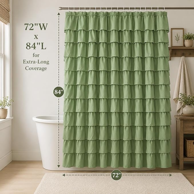 Sage Green Ruffle Shower Curtain for Bathroom, 72x84 inch, 1 Panel | Cottagecore Bathroom Decor, Soft Microfiber Fabric, Extra-Long 72 X 84, 12 Hooks Included, Machine Washable, Opaque Privacy