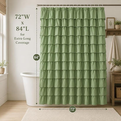Sage Green Ruffle Shower Curtain for Bathroom, 72x84 inch, 1 Panel | Cottagecore Bathroom Decor, Soft Microfiber Fabric, Extra-Long 72 X 84, 12 Hooks Included, Machine Washable, Opaque Privacy