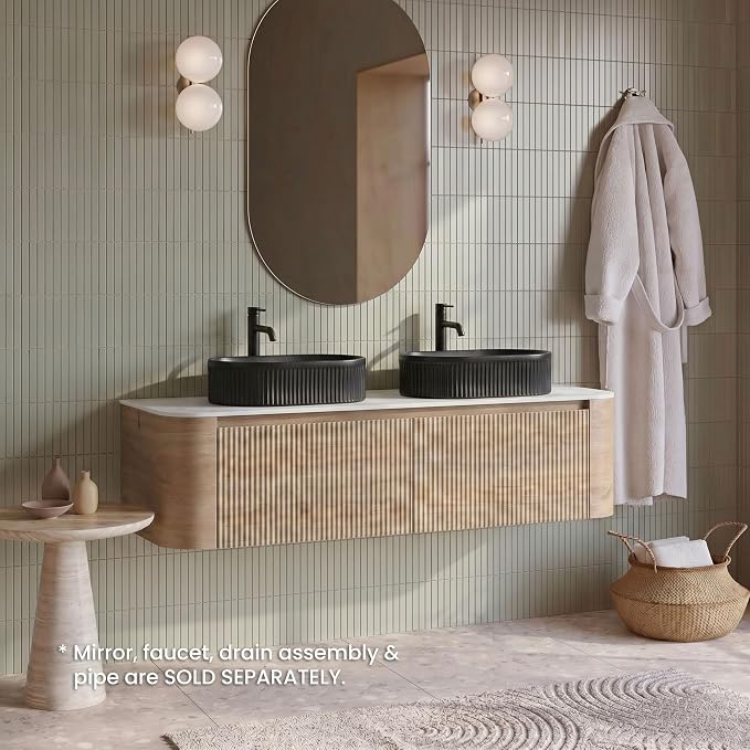 60" Preassembled Double Floating Bathroom Vanity with Black Sink, Oak | Mid-Century Modern Style, Fluted & Soft-Close Drawer with U-shaped Wall, Sinterted Stone Countertop, Towel Rack Included