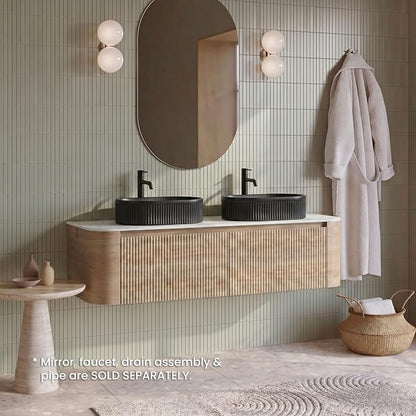 60" Preassembled Double Floating Bathroom Vanity with Black Sink, Oak | Mid-Century Modern Style, Fluted & Soft-Close Drawer with U-shaped Wall, Sinterted Stone Countertop, Towel Rack Included