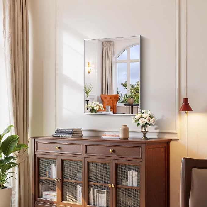 YIROMAN Bathroom Mirror 24"x32",Brushed Silver Bathroom Mirror for Over Sink with Aluminum Frame, Rectangular Vanity Mirror with Right Angle, Wall Mirror Hangs Horizontal or Vertical