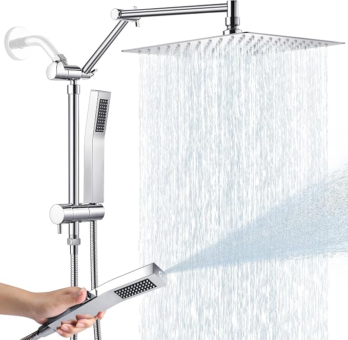 All Metal 12 Inch Rain Shower Head with Handheld Spray Combo, High Pressure Waterfall Rainfall Square Shower Heads with 16" Adjustable Extension Arm, Dual Showerhead with 3-Way Diverter, Chrome