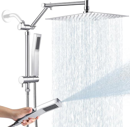 All Metal 12 Inch Rain Shower Head with Handheld Spray Combo, High Pressure Waterfall Rainfall Square Shower Heads with 16" Adjustable Extension Arm, Dual Showerhead with 3-Way Diverter, Chrome
