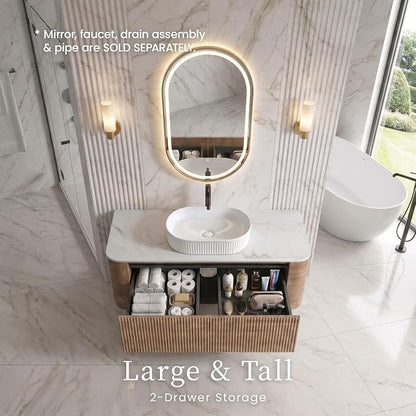 48" Preassembled Floating Bathroom Vanity with White Sink, Oak | Mid-Century Modern Style, Fluted & Soft-Close Drawer with U-shaped Wall, Sinterted Stone Countertop, Towel Rack Included