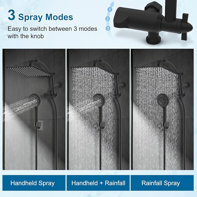 Hibbent All Metal 12" High Pressure Rain Shower Head Combo, Matte Black | cUPC Certified Rainfall Shower Head with handheld 10 Sprays, 16'' Adjustable Extension Arm, 71'' Hose, Showerhead Holder