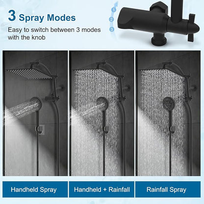 Hibbent All Metal 12" High Pressure Rain Shower Head Combo, Matte Black | cUPC Certified Rainfall Shower Head with handheld 10 Sprays, 16'' Adjustable Extension Arm, 71'' Hose, Showerhead Holder