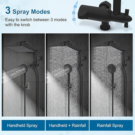 Hibbent All Metal 12" High Pressure Rain Shower Head Combo, Matte Black | cUPC Certified Rainfall Shower Head with handheld 10 Sprays, 16'' Adjustable Extension Arm, 71'' Hose, Showerhead Holder
