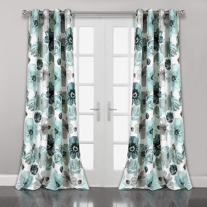 Lush Decor Leah Light Filtering Window Curtain Panels, Pair, 52" W x 95" L, Blue - Floral Drapes for Bedroom - Blue Curtains - Farmhouse Decor