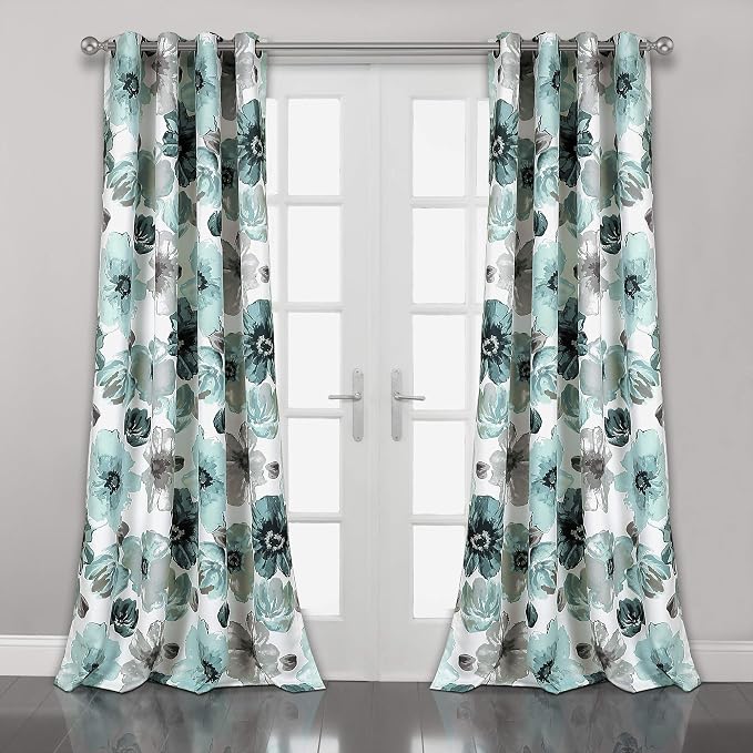 Lush Decor Leah Light Filtering Window Curtain Panels, Pair, 52" W x 84" L, Blue - Floral Drapes for Bedroom - Blue Curtains - Farmhouse Decor