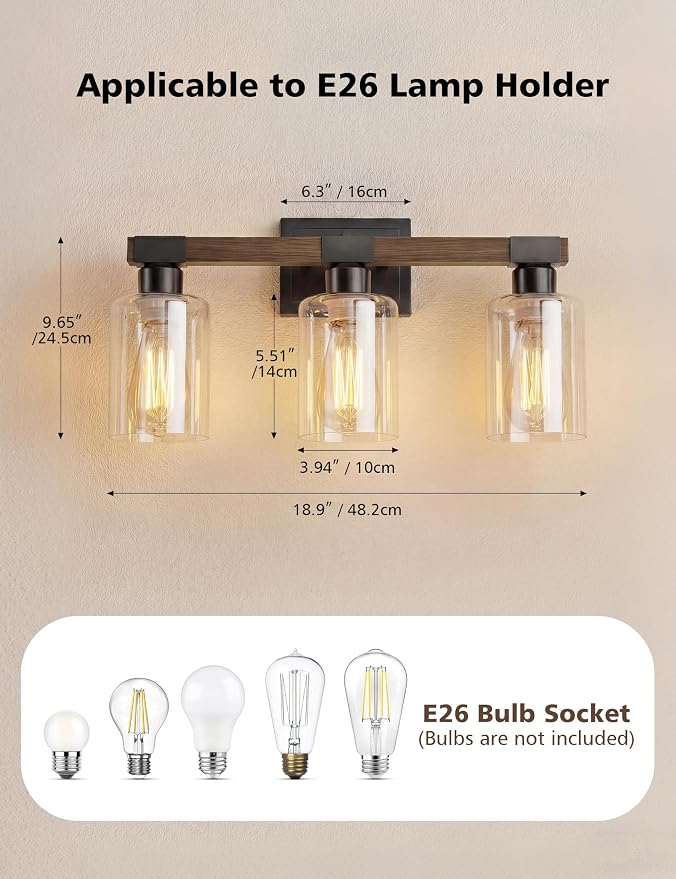 VOLISUN Farmhouse Bathroom Vanity Light Fixtures,3 Light,UL Certificated | 3 Light Bathroom Vanity Lights Over Mirror, Rustic Vanity Light for Bathrooms,Wood Bathrooms Lights Fixtures Over Mirror