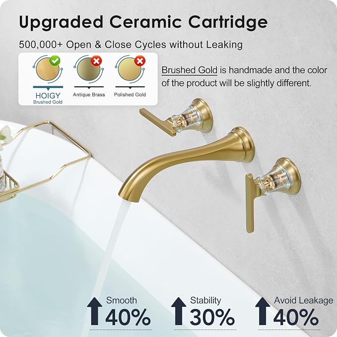 Wall Mount Tub Faucet, High Flow Solid Brass Brushed Gold Bathtub Faucet, 2 Handles Tub Filler with 8" Spout Reach, Rough-in Valve Included