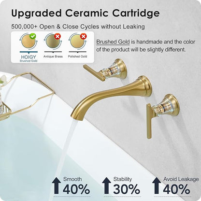 Wall Mount Tub Faucet, High Flow Solid Brass Brushed Gold Bathtub Faucet, 2 Handles Tub Filler with 8" Spout Reach, Rough-in Valve Included