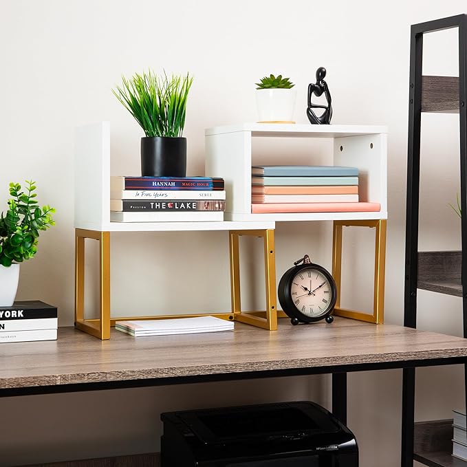 Mind Reader Floating Shelves, Wall-Mounted Office Organizers, Modern MDF Display Storage with Metal Rail, Metal. MDF, Set of 2, White