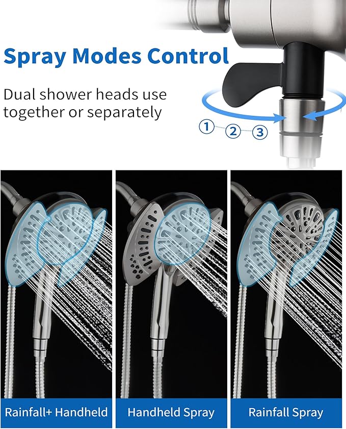 2 in 1 Shower Head with Handheld Combo High Pressure Nickel 1.8 GPM | 7.2" Rain Showerhead and 9 Spray Hand Held Shower, Adjustable Shower Angle, 59-inch Rotatable Stainless Steel Hose