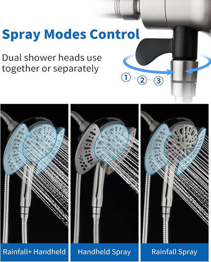 2 in 1 Shower Head with Handheld Combo High Pressure Nickel 2.5 GPM | 7.2" Rain Showerhead and 9 Spray Hand Held Shower, Adjustable Shower Angle, 59-inch Rotatable Stainless Steel Hose