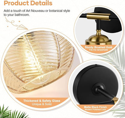 MOKATNG Bathroom Light Fixtures, 2-Light Amber Vanity Lights with Unique Leaf Texture Glass Shade, Modern Matte Black and Gold Bathroom Wall Lamp for Mirror Hallway Cabinet Living Room