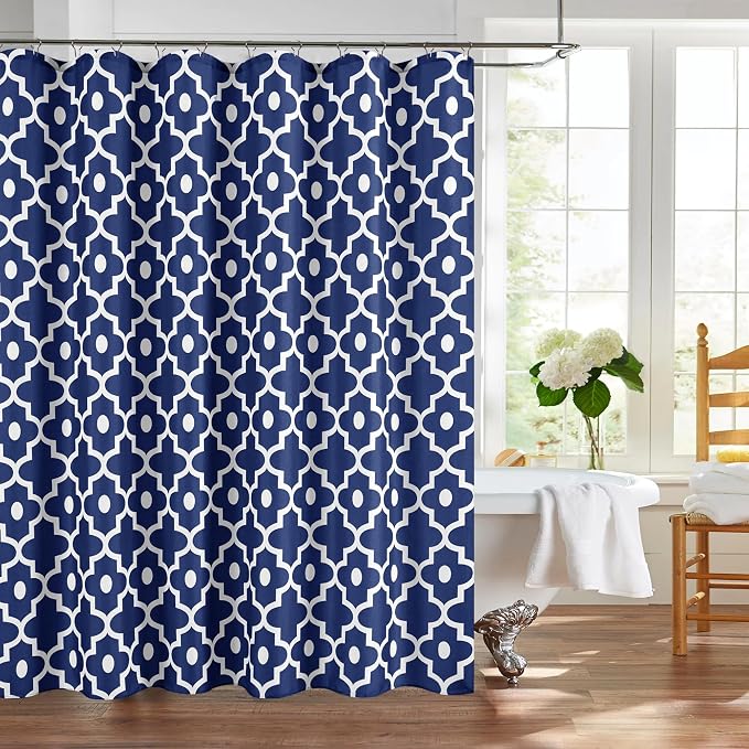 Fabric Modern Shower Curtain-Navy and White Shower Curtains for Bathroom | 72"W x 72"L Textured Faux Linen Elegant Classic Moroccan Bath Decor-Hotel Quality Transitional Washable & Breathable Cloth