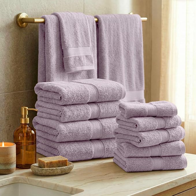 SUPERIOR Egyptian Cotton Ultra Plush & Absorbent, 12 Piece Set, Purple | Heavyweight 12 Pc Egyptian Cotton Towel Set Includes 4 Bath Towels 4 Hand Towels 4 Washcloths Decorative Rope Border
