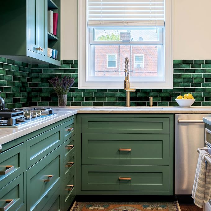 Smart Tiles Peel and Stick backsplash, Subway Emerald Green, 11.55"x8.38" | Pack of 5 (2.8 sq ft), Glossy, Heat/Moisture Resistant, Low VOC, Kitchen/Bathroom, Renter Friendly, Made in Canada