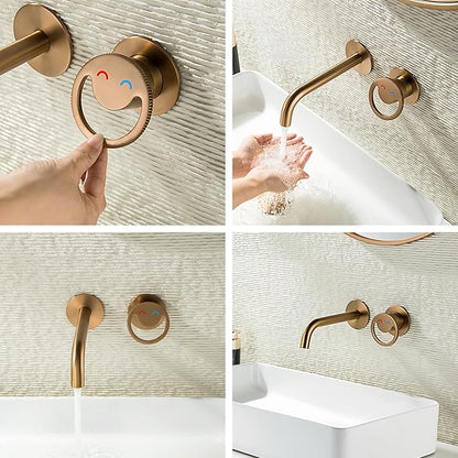 BiaoTeng Concealed Faucet for Bathroom Sink Wall Mount Hot and Cold Faucets for Bathroom Sinks Brass Brushed Rose Gold