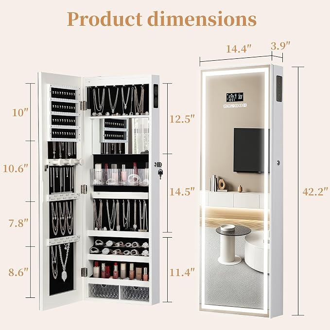 LED Mirror Jewelry Cabinet, Bluetooth Speaker, Full Length Mirror, White | Touch Screen, Defogging, Color Temperature & Timer Control; Lockable Storage with 2 Drawers; Wall or Door Mounted; 42.2" Tall