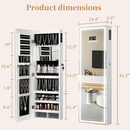 LED Mirror Jewelry Cabinet, Bluetooth Speaker, Full Length Mirror, White | Touch Screen, Defogging, Color Temperature & Timer Control; Lockable Storage with 2 Drawers; Wall or Door Mounted; 42.2" Tall