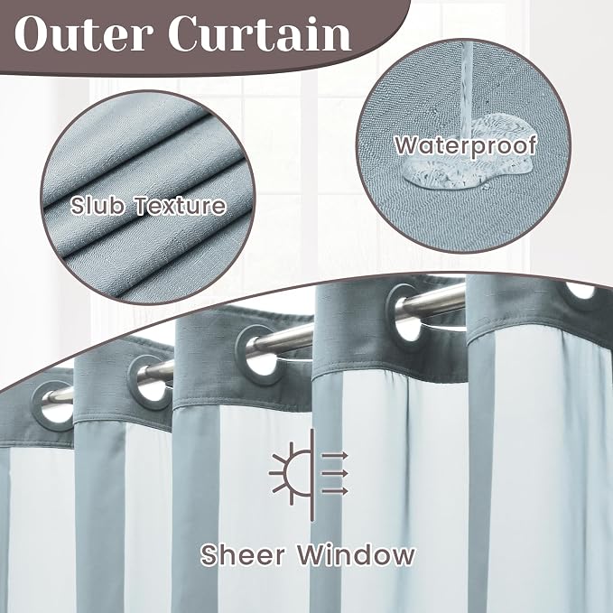 SORTTO No Hook Slub Shower Curtain with Liner, 71x74, Stone Blue | Snap in Liner, 3 in 1, Bamboo Texture, Hotel Style, Waterproof Fabric, Mesh Top Window, Corner Magnets, Machine Washable