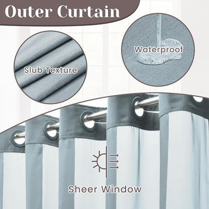 SORTTO No Hook Slub Shower Curtain with Liner, 71x74, Stone Blue | Snap in Liner, 3 in 1, Bamboo Texture, Hotel Style, Waterproof Fabric, Mesh Top Window, Corner Magnets, Machine Washable