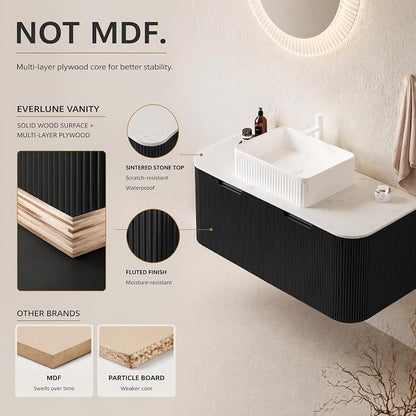 48 Inch Bathroom Vanity with Sink, Floating Wall Mounted Single Sink Vanity, Black Curved Fluted Front, Stone Top, White Textured Rectangular Vessel Basin, Pre-Assembled
