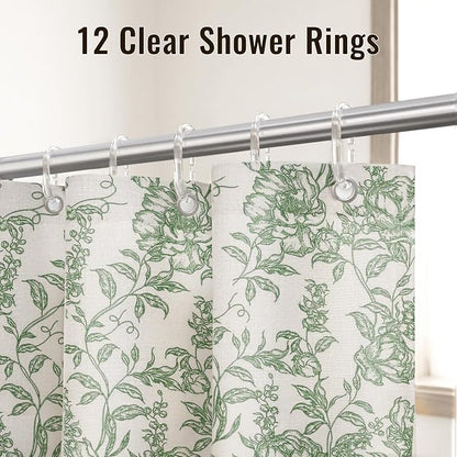 Farmhouse Sage Green Floral Shower Curtain with 12 Clear Rings 72"W x 72"L | Boho Fabric Shower Curtain Set, Vintage Cottagecore Shower Curtain for Bathroom