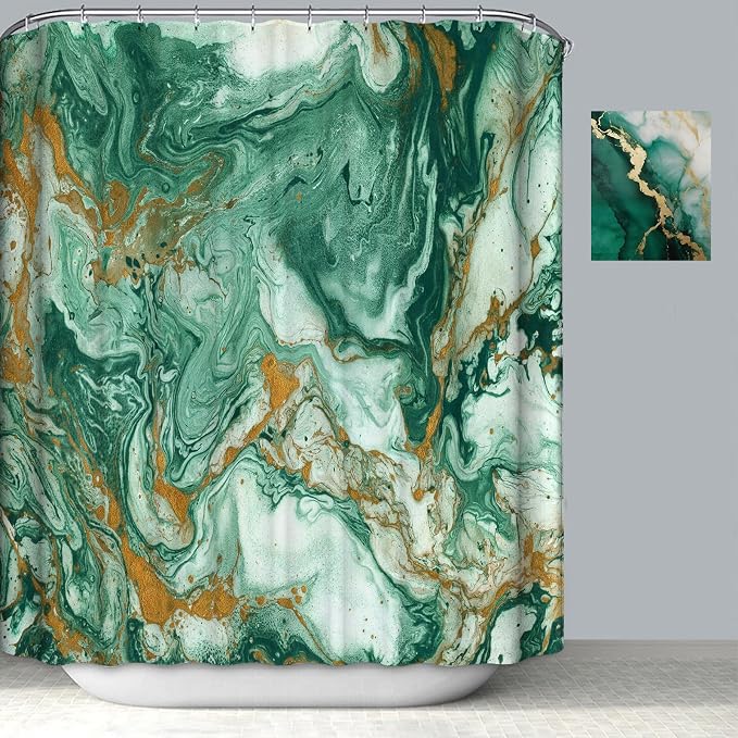 Emerald Green Marble Shower Curtain Modern Abstract Dark Green Gold Shower Curtains for Bathroom Waterproof Polyester Fabric Bath Curtain 72 x 72 Inch with 12 Hooks