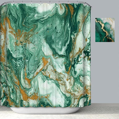 Emerald Green Marble Shower Curtain Modern Abstract Dark Green Gold Shower Curtains for Bathroom Waterproof Polyester Fabric Bath Curtain 72 x 72 Inch with 12 Hooks